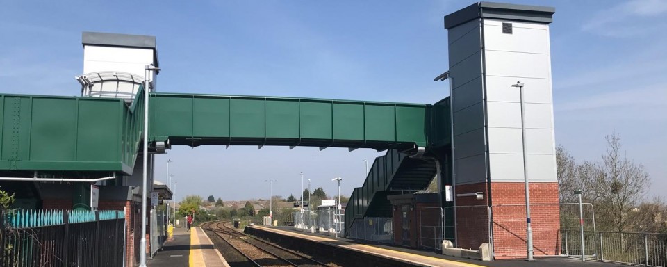 Bridge and lift shafts as seen from the station platform
