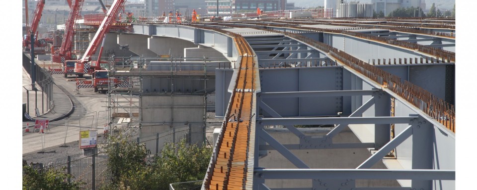 Studs on top of the main girders hold the cast in-situ concrete in place