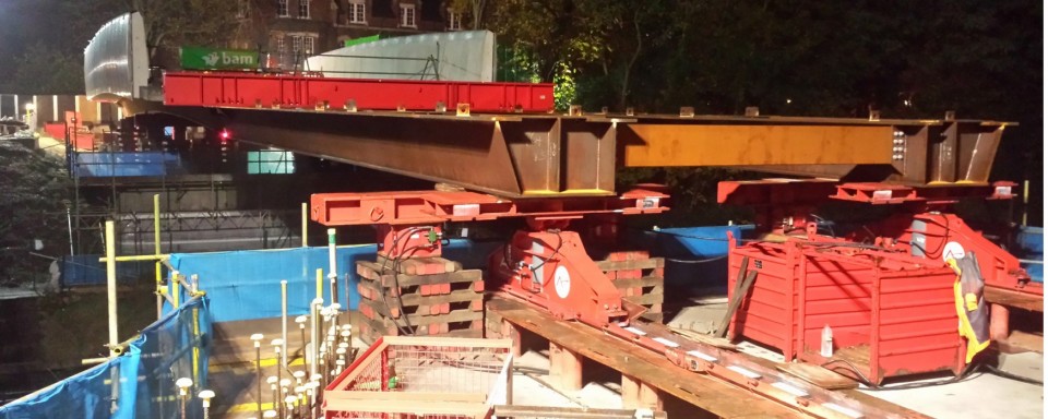 The main girders on their temporary support jacks as they reach the other side