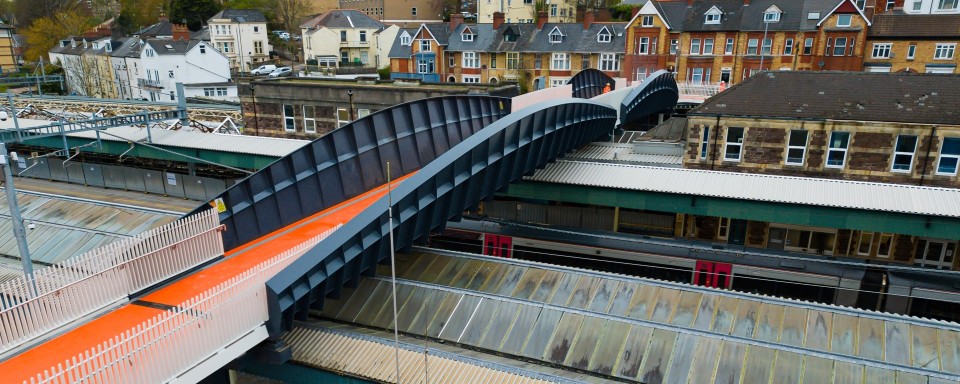 Aerial view of the spans over Newport train station