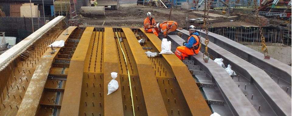 Deck sections waiting to bolted together before the concrete can be poured