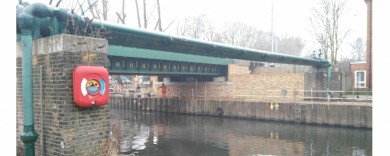 The steel span on its new abutment 