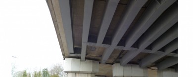 An underside view of the box girders