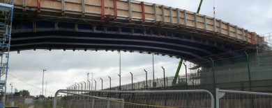 Main girders in postion with temporary works providing workers access