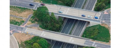 Aerial close up of the twin bridge arrangement