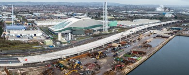 Aerial view showing the sweeping curve as the project nears completion